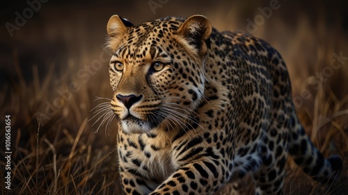 A close-up of a majestic leopard with its fur patterned with black spots, looking intensely at the camera with its sharp eyes.