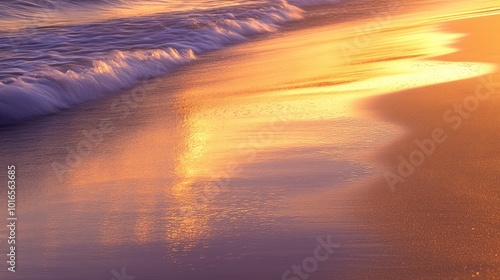 A peaceful beach scene with gentle waves and smooth golden sand, illuminated by the last light of a vibrant sunset, ideal for relaxation themes photo