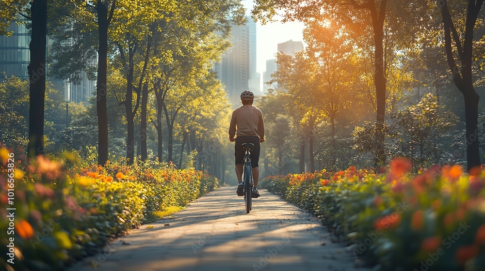 Fototapeta premium riding a bicycle in a lush green city environment exemplifying eco friendly commuting the concept of sustainability in urban settings promoting healthier living.illustration