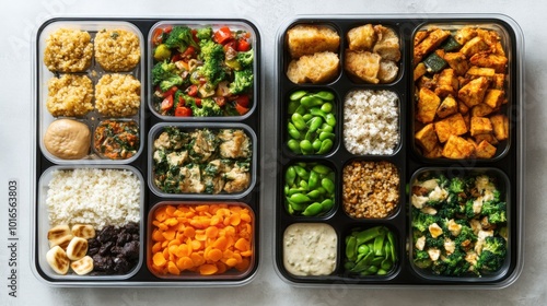 Weekly Meal Prep Flat Lay: Balanced Meal Containers on One Side, Takeout Options on the Other. Neutral Background with Text Space, Overhead Lighting for Depth.