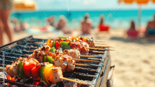 Grilling skewers at the beach on a sunny summer day