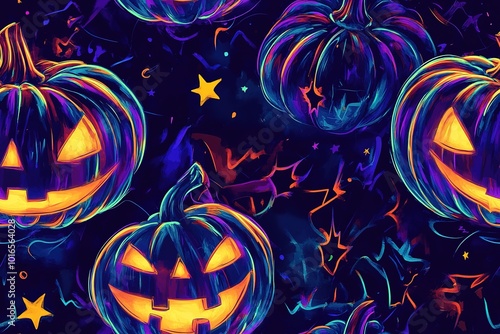 Blacklight Halloween pumpkin pattern, neon rainbow colors on a black background