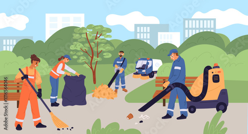 Janitors cleaning street. Cleaners team in uniform collect garbage and fallen leaves. Groundskeepers sweeping park paths. Sweeper vacuuming rubbish from city roads. Garish vector concept