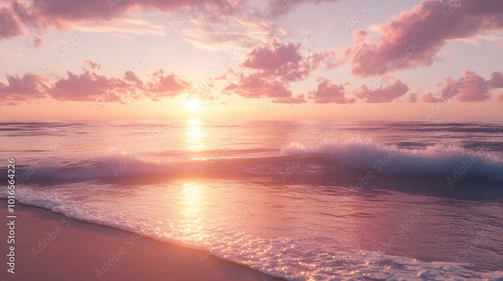 A serene sunset beach scene with calm waves gently touching the golden sand, and the sky glowing in shades of pink and orange, ideal for vacation imagery A serene sunset beach scene with calm waves gently touching the golden sand, and the sky glowing in shades of pink and orange, ideal for vacation imagery