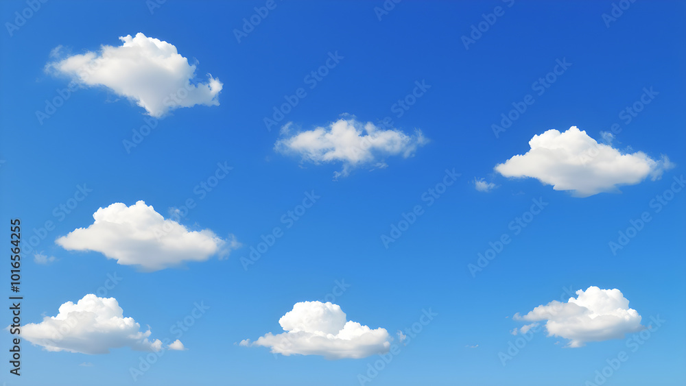 Multiple fluffy clouds drifting across a bright blue sky, Generative AI