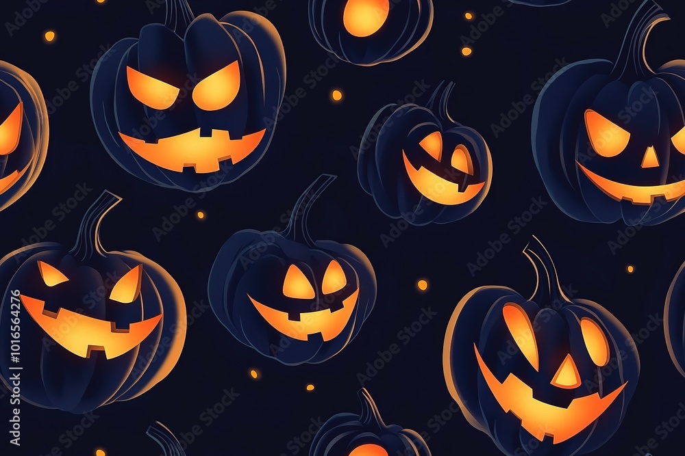 Naklejka premium Halloween glowing jack-o'-lantern faces on a black background, a seamless pattern in a cartoon style