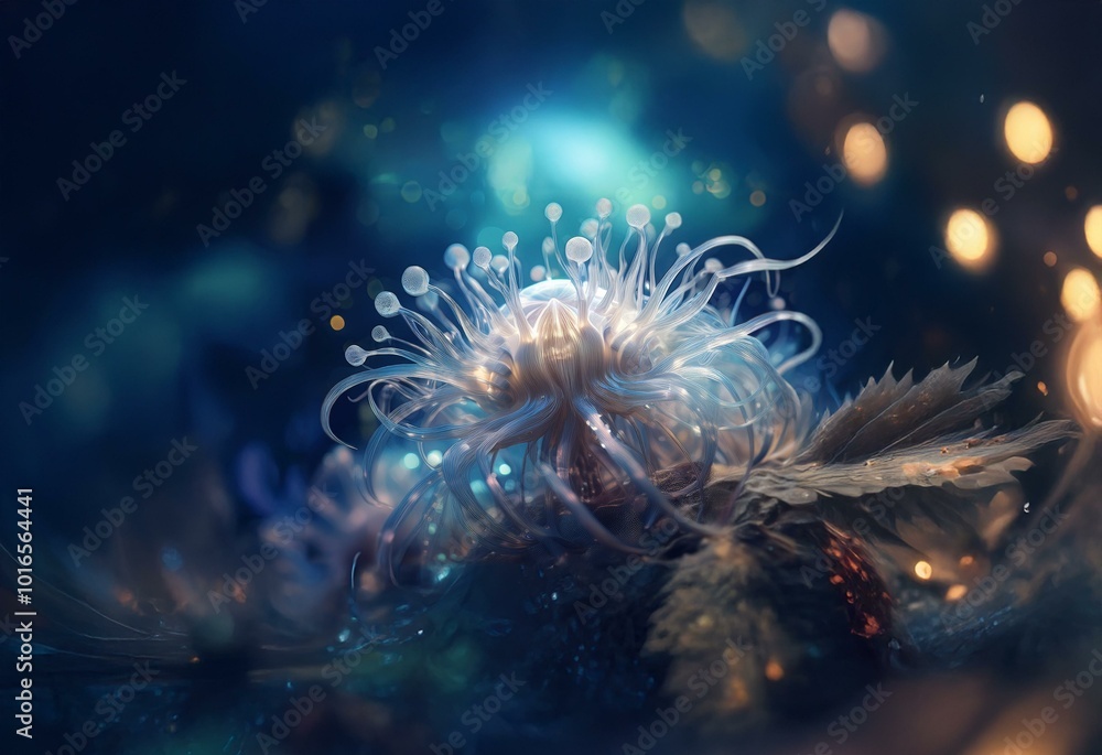 Obraz premium A luminous, translucent flower with delicate tendrils blooms in a dark, ethereal setting.