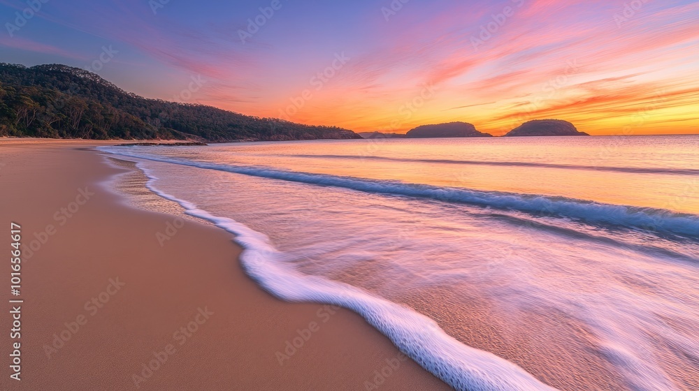 Obraz premium A tranquil beach at sunset, with soft waves lapping against the smooth golden sand and the sky glowing in shades of orange and pink