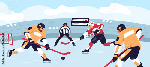 Ice hockey match. Teams of athletes with clubs fight for puck in front of referee. Sports game competition. Athletic leagues championship. Skaters play at rink. Garish vector concept