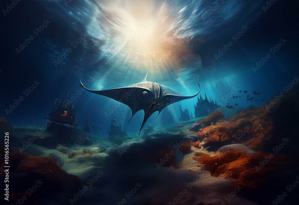 Obraz premium A giant manta ray swims through a blue and cloudy ocean. The sun shines down onto the underwater scene illuminating an ancient sunken city below.