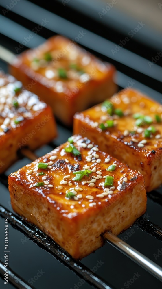 Zen Grilling: Close-up of Marinated Tofu Slices in Soy-Ginger Glaze Zen Grilling: Close-up of Marinated Tofu Slices in Soy-Ginger Glaze