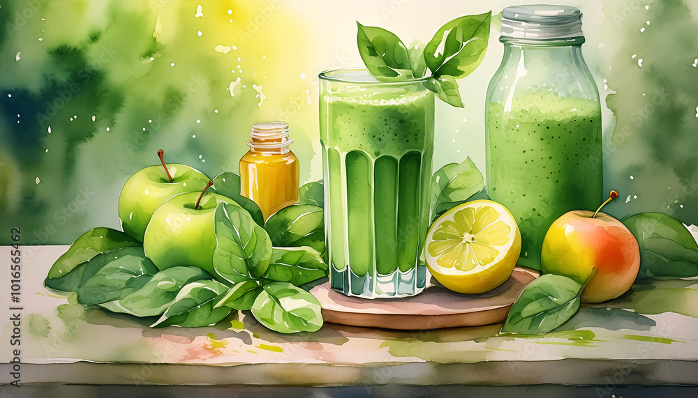 A vibrant watercolor of a green smoothie with fresh fruits and leaves. Generative AI. A vibrant watercolor of a green smoothie with fresh fruits and leaves. Generative AI.