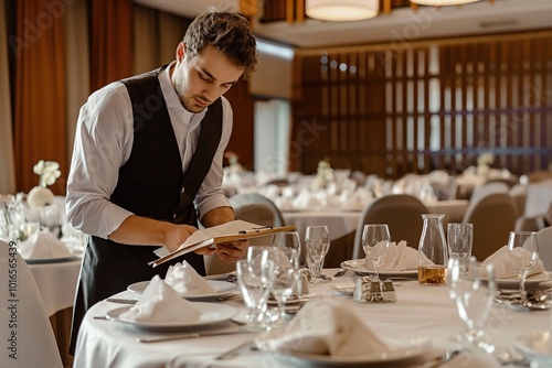 Waiter in black vest, white shirt attends to table in restaurant. Table set with white tablecloth, plates, glasses, vase of flowers. Wooden wall, window in background. Restaurant setting for indoor