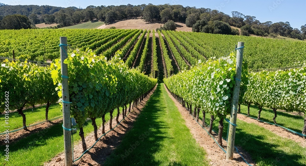 Naklejka premium Scenic hillside vineyard with trellises and rolling grapes