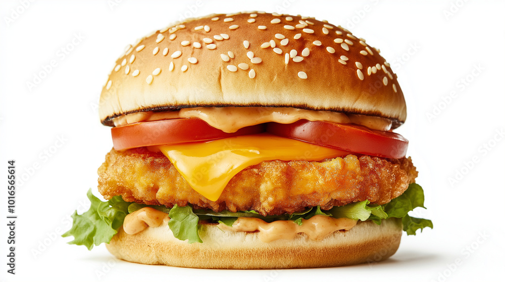A juicy fish burger with fresh ingredients and a black sesame bun, placed on a clean white background A juicy fish burger with fresh ingredients and a black sesame bun, placed on a clean white background