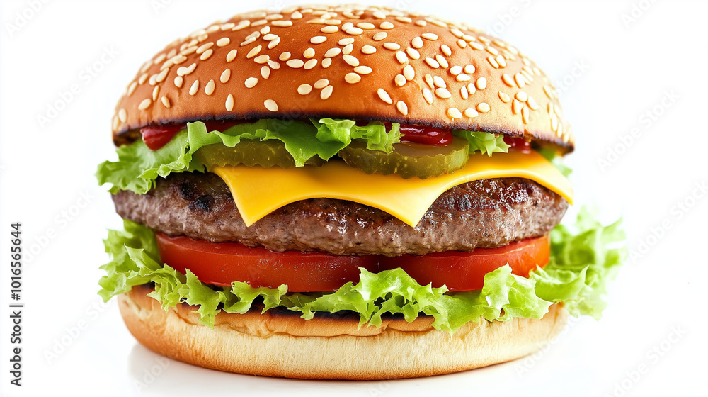 A classic beef burger with sesame seed bun, cheese, and fresh vegetables, isolated against a clean white backdrop. A classic beef burger with sesame seed bun, cheese, and fresh vegetables, isolated against a clean white backdrop.