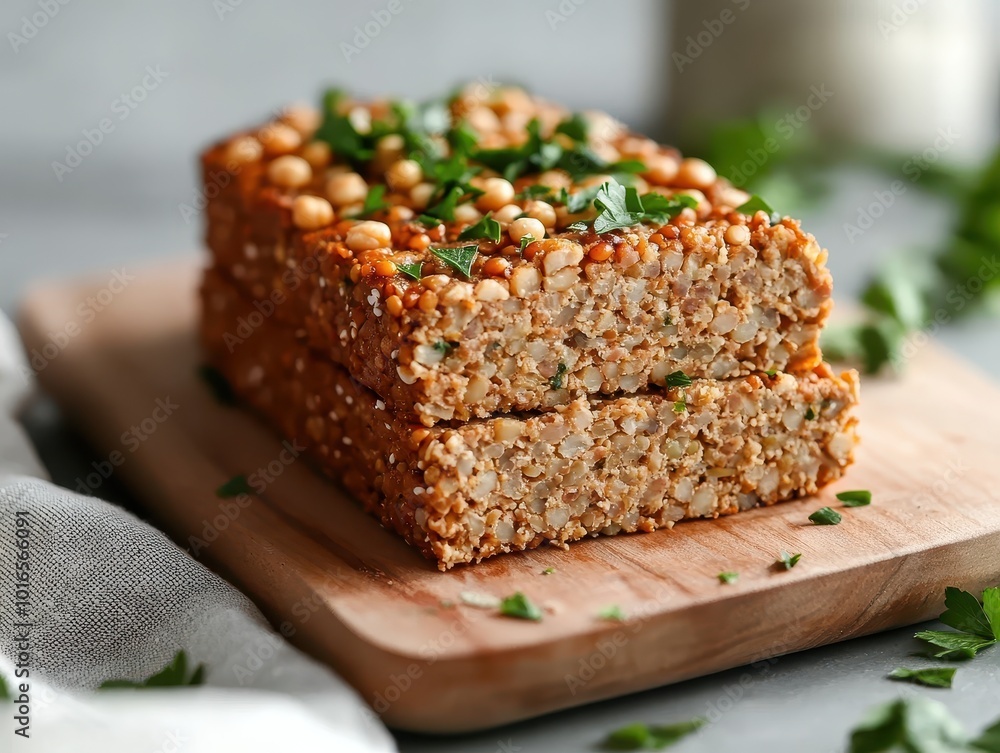 Delicious Plant-Based Meatloaf Alternative with Lentils and Chickpeas Close-up Delicious Plant-Based Meatloaf Alternative with Lentils and Chickpeas Close-up
