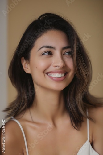 Young woman in white dress smiles warmly looking away. Shoulder-length brown hair, beige wall background. Slightly elevated angle captures clear view of her face and surroundings.