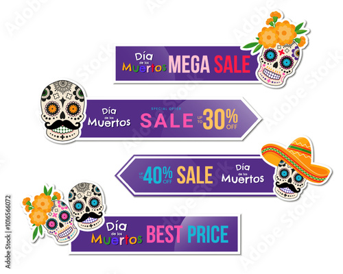 Dia de Los Muertos - Mexican Day of the Dead sticker set with colorful mexican traditional objects. Design template for shopping sale, advertising. Vector illustration