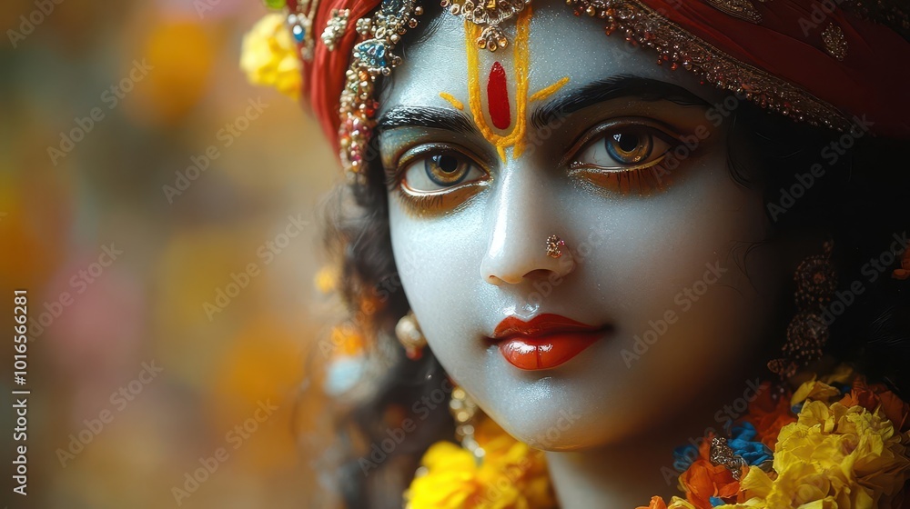 divine portrait of lord krishna capturing the essence of his serene expression and vibrant attire surrounded by a colorful and spiritual backdrop that radiates peace divine portrait of lord krishna capturing the essence of his serene expression and vibrant attire surrounded by a colorful and spiritual backdrop that radiates peace