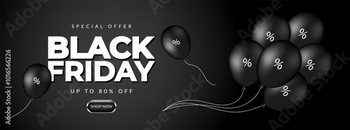 Black Friday banner with black baloon. Design template for shopping sale, promo poster, web and social media. Vector illustration