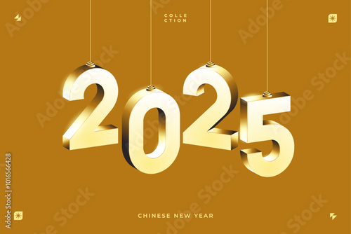A minimalist design featuring 3D gold numbers 2025 hanging as festive decorations on a brown background