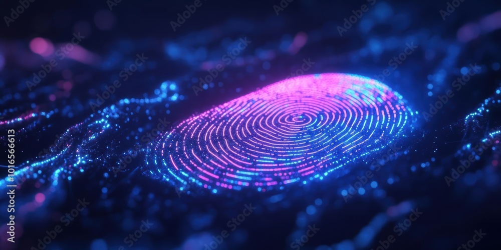A glowing fingerprint scan in bright blue and purple, floating in a dark digital space, representing advanced biometric tech, empty space for advertising A glowing fingerprint scan in bright blue and purple, floating in a dark digital space, representing advanced biometric tech, empty space for advertising