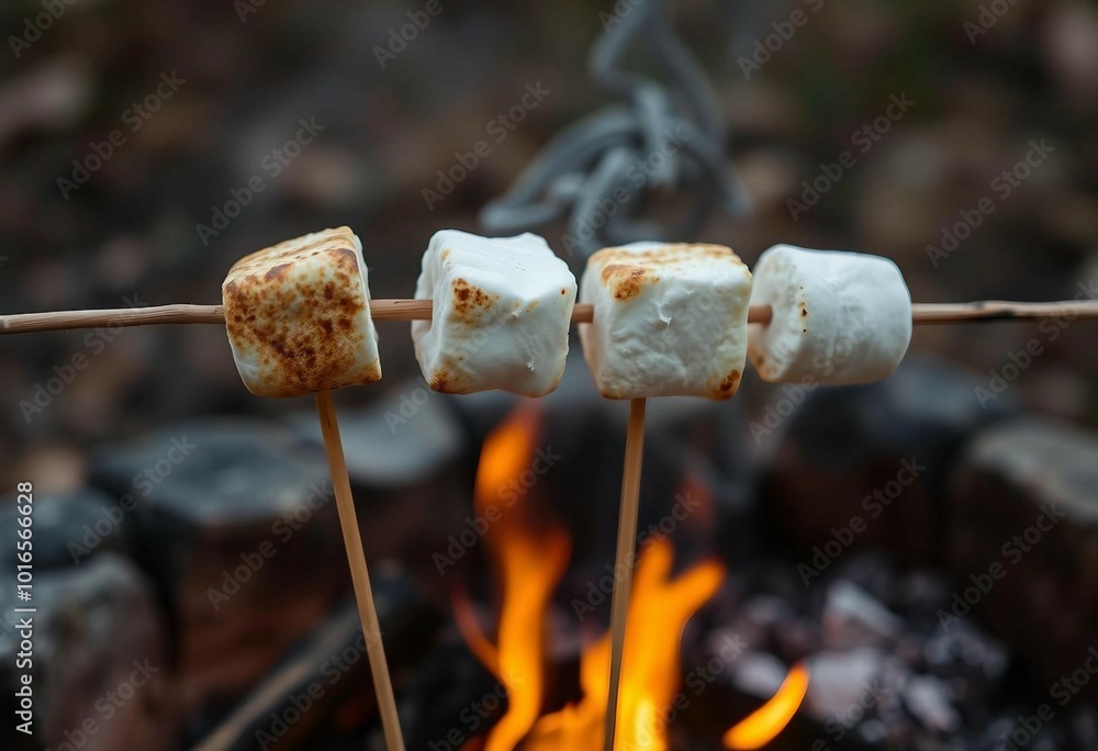 Fototapeta premium Marshmallows roasted on a stick over a campfire.