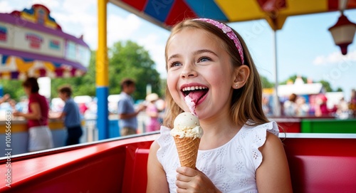 Thrilled white girl with ice cream enjoying a summer fair