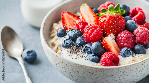 Diet breakfast bowl with creamy oatmeal topped with blueberries raspberries strawberries and chia seeds 