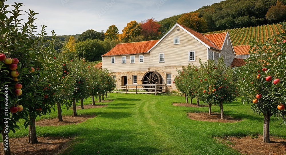 Fototapeta premium Traditional cider mill surrounded by apple orchards