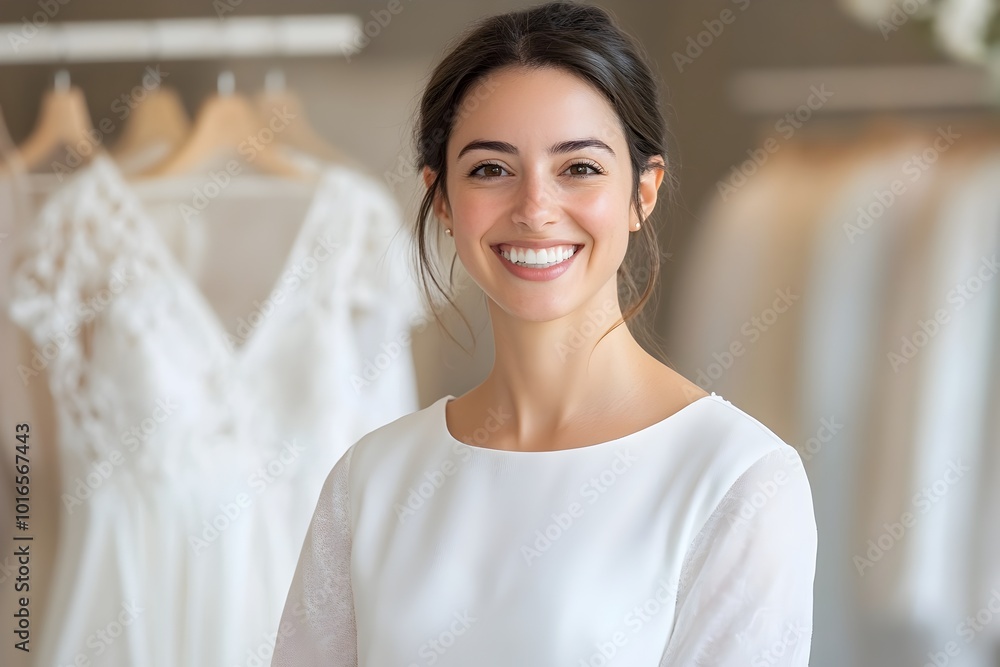 Smiling Bridal Fashion Worker Showcasing Elegant Wedding Dress in Romantic Ballroom Setting Smiling Bridal Fashion Worker Showcasing Elegant Wedding Dress in Romantic Ballroom Setting