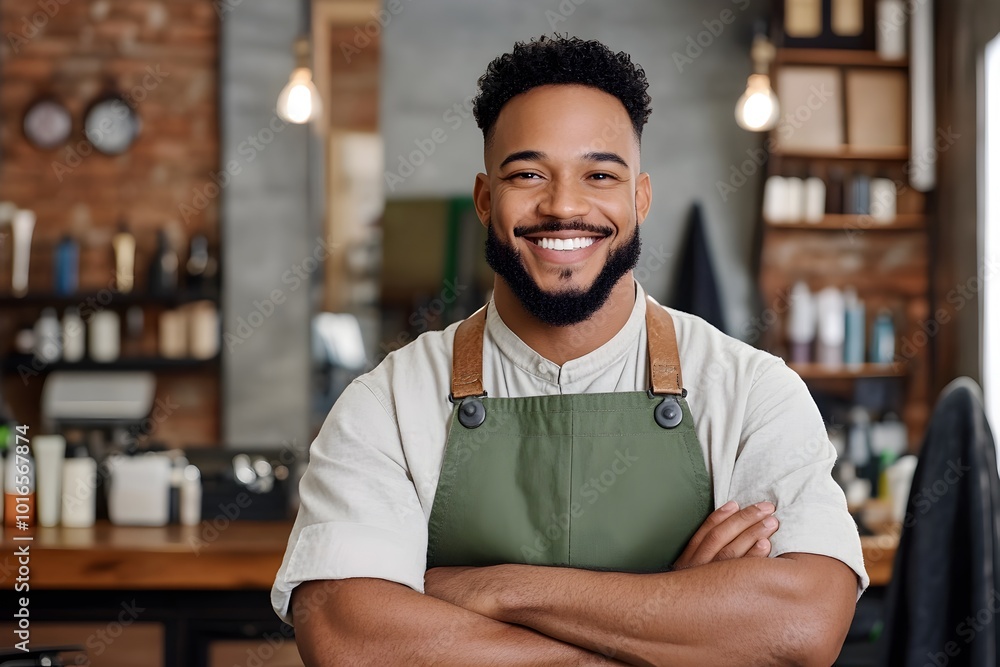 Confident Male Grooming Worker Showcasing Premium Men s Grooming Product in Refined Barbershop Setting Confident Male Grooming Worker Showcasing Premium Men s Grooming Product in Refined Barbershop Setting