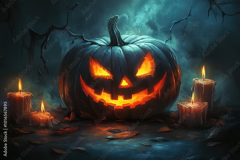 Fototapeta premium A dark Halloween pumpkin with candles lit up in the background, fantasy art style, dark and mysterious mood, glowing eyes, detailed texture of skin