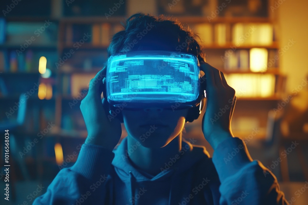 A person wearing a virtual reality headset in a dark room, ready for an immersive experience. A person wearing a virtual reality headset in a dark room, ready for an immersive experience.