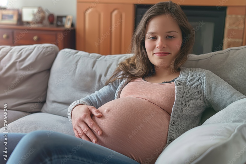 Young pregnant woman sits on sofa at home, wearing pink shirt and blue jeans. Her legs are crossed, and she looks directly at the camera. Indoor setting with wooden wall and window in the background. Young pregnant woman sits on sofa at home, wearing pink shirt and blue jeans. Her legs are crossed, and she looks directly at the camera. Indoor setting with wooden wall and window in the background.