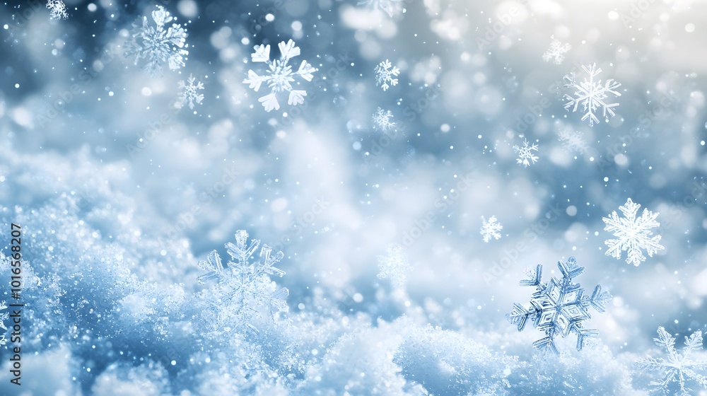 Close-up of a Snow Covered Landscape with Falling Snowflakes Close-up of a Snow Covered Landscape with Falling Snowflakes