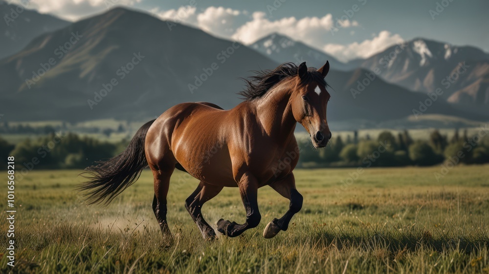 A bay horse runs through a green meadow with a mountain range in the background. A bay horse runs through a green meadow with a mountain range in the background.