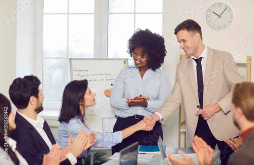 Фотография Businesspeople meeting represent, diverse workers support new employee, staff si