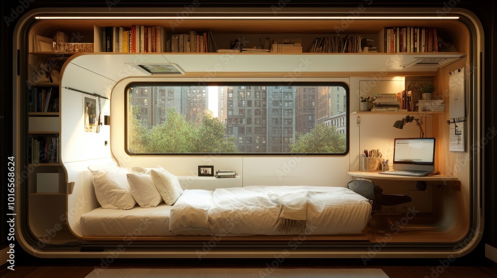 Modern workspace integrated into a cozy bedroom featuring movable walls ...