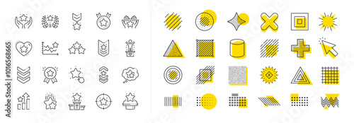 First place, star rating and winner medal. Design shape elements. Ranking line icons. Shoulder strap, army achievement and victory ribbon icons. Star ranking, champion and winner trophy. Vector