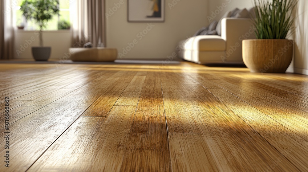 Bright and polished bamboo flooring in a contemporary living room with natural lighting Bright and polished bamboo flooring in a contemporary living room with natural lighting
