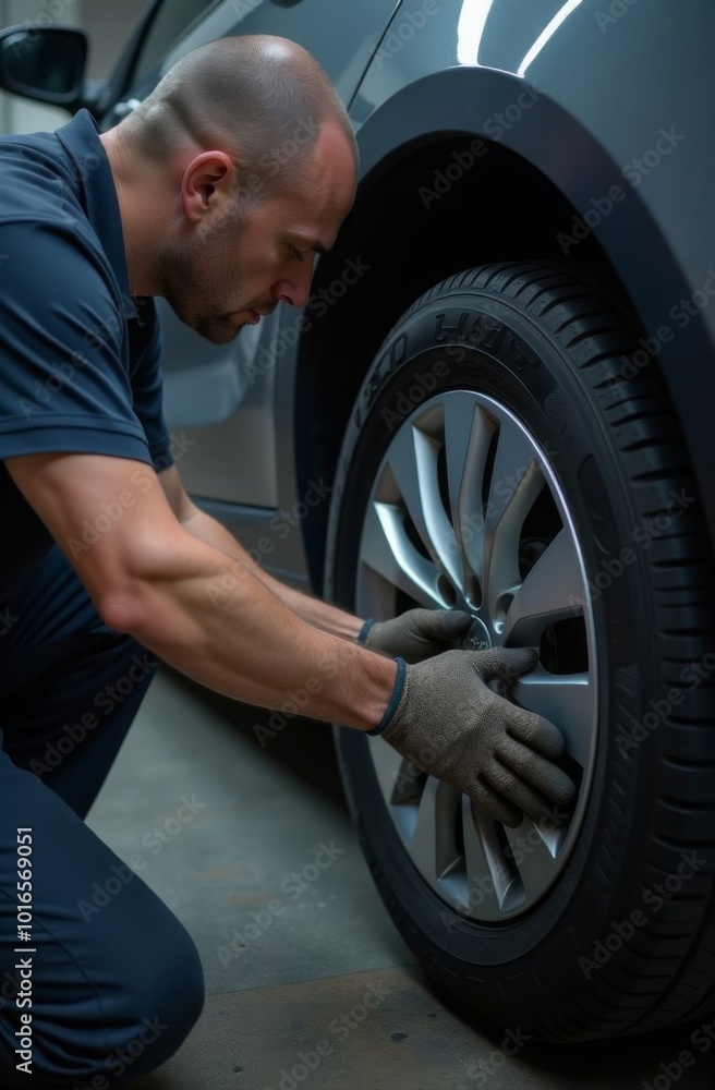 Mechanic inspecting car wheel in auto repair shop. Mechanic inspecting car wheel in auto repair shop.