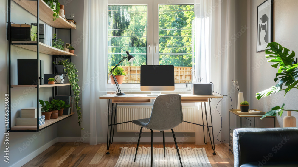 Fototapeta premium A small home office with a compact desk, wall-mounted shelves, and a comfortable chair to maximize space and functionality.