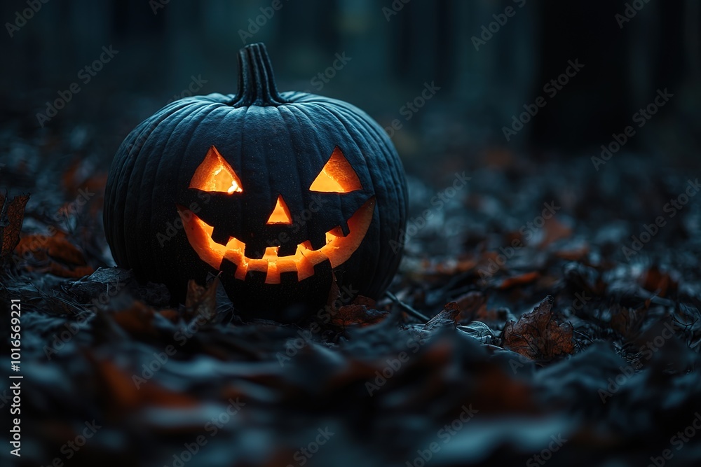 A Halloween pumpkin with a glowing face on a dark background, a hallowed night concept. A spooky, carved jack-o'-lantern in a spooky forest. A horror and mysterious autumn holiday. High-quality photo A Halloween pumpkin with a glowing face on a dark background, a hallowed night concept. A spooky, carved jack-o'-lantern in a spooky forest. A horror and mysterious autumn holiday. High-quality photo