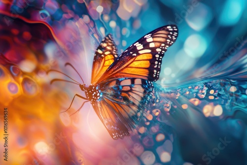 A butterfly sits on a colorful flower, surrounded by green leaves.