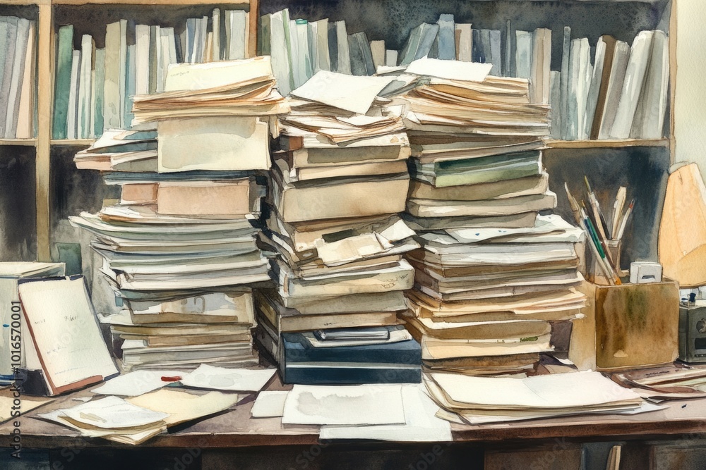 A large pile of books sits atop a wooden table. A large pile of books sits atop a wooden table.