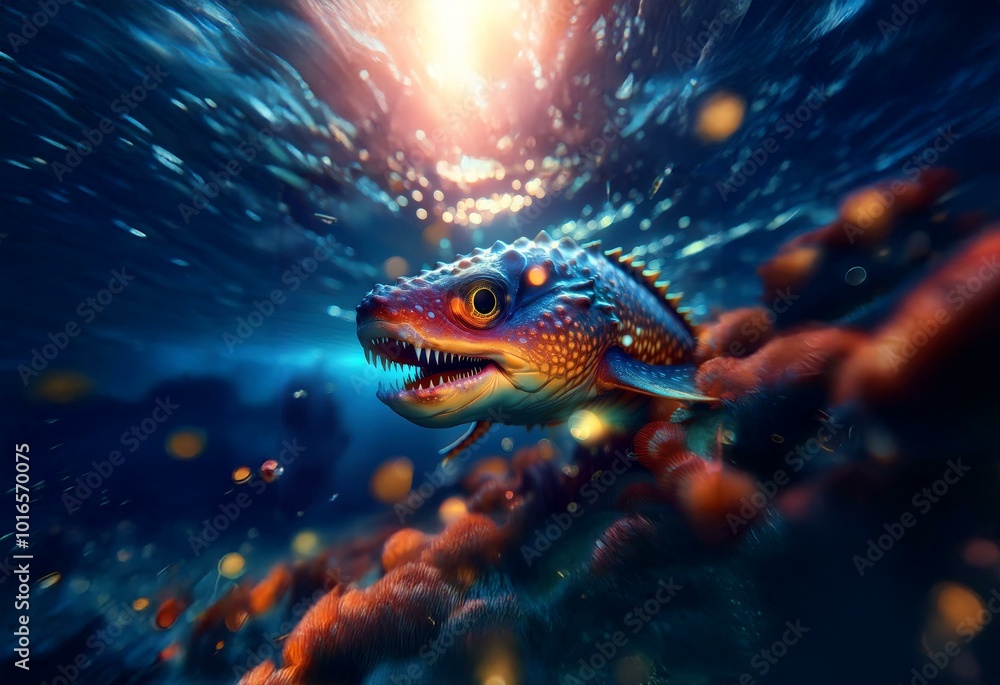 An underwater scene with a fantastical fish with sharp teeth swimming through coral reefs. An underwater scene with a fantastical fish with sharp teeth swimming through coral reefs.
