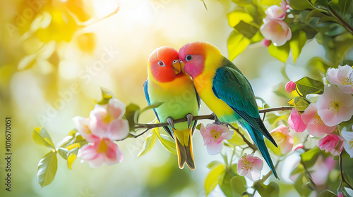 A pair of colorful lovebirds perched closely on a blooming branch, surrounded by vibrant flowers in pink, yellow, and blue. Sunlight filters through the leaves, highlighting their bright feathers 