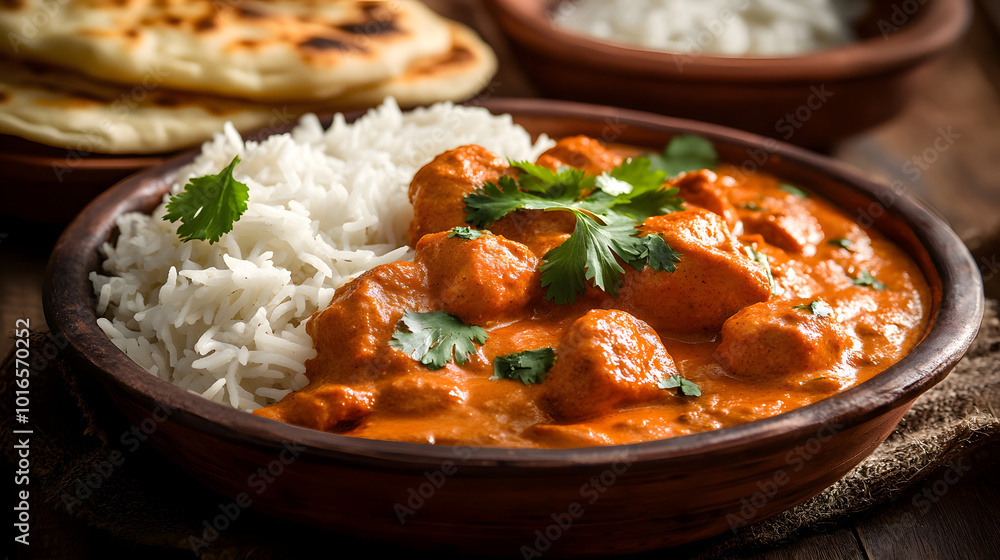 Chicken tikka masala spicy curry meat food in a clay plate with rice and naan bread on wooden background. Generative AI Chicken tikka masala spicy curry meat food in a clay plate with rice and naan bread on wooden background. Generative AI